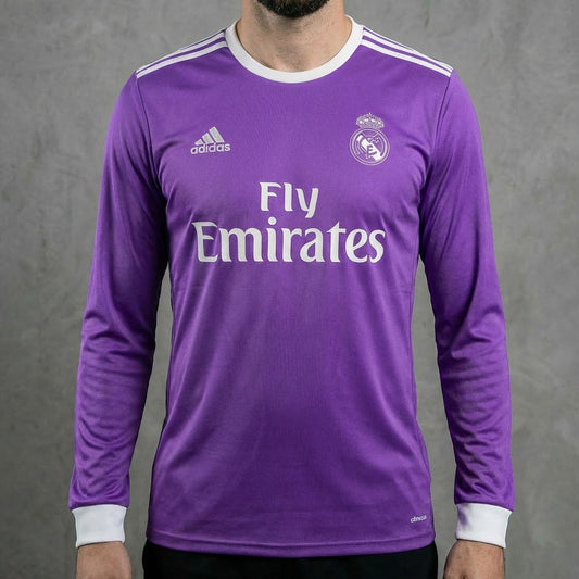 Camisa Real Madrid 2016/17 roxa retrô, manga longa, com ou sem patch