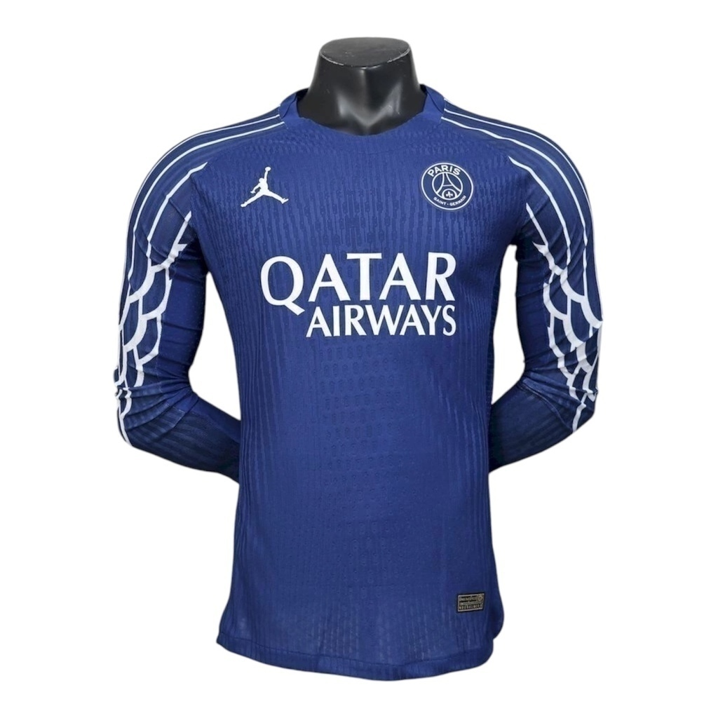 Camisa Paris Saint-Germain Treino 25/26 manga longa - Jogador Jordan Masculina - Azul com detalhes em branco