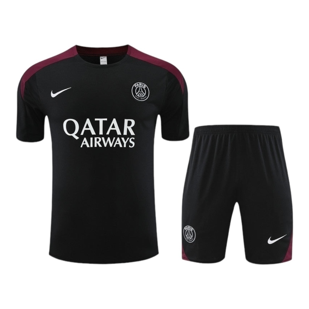 Kit Treino adulto - Camisa e Shorts - Paris Saint-Germain Nike 24/25 - Preto com detalhes em vinho