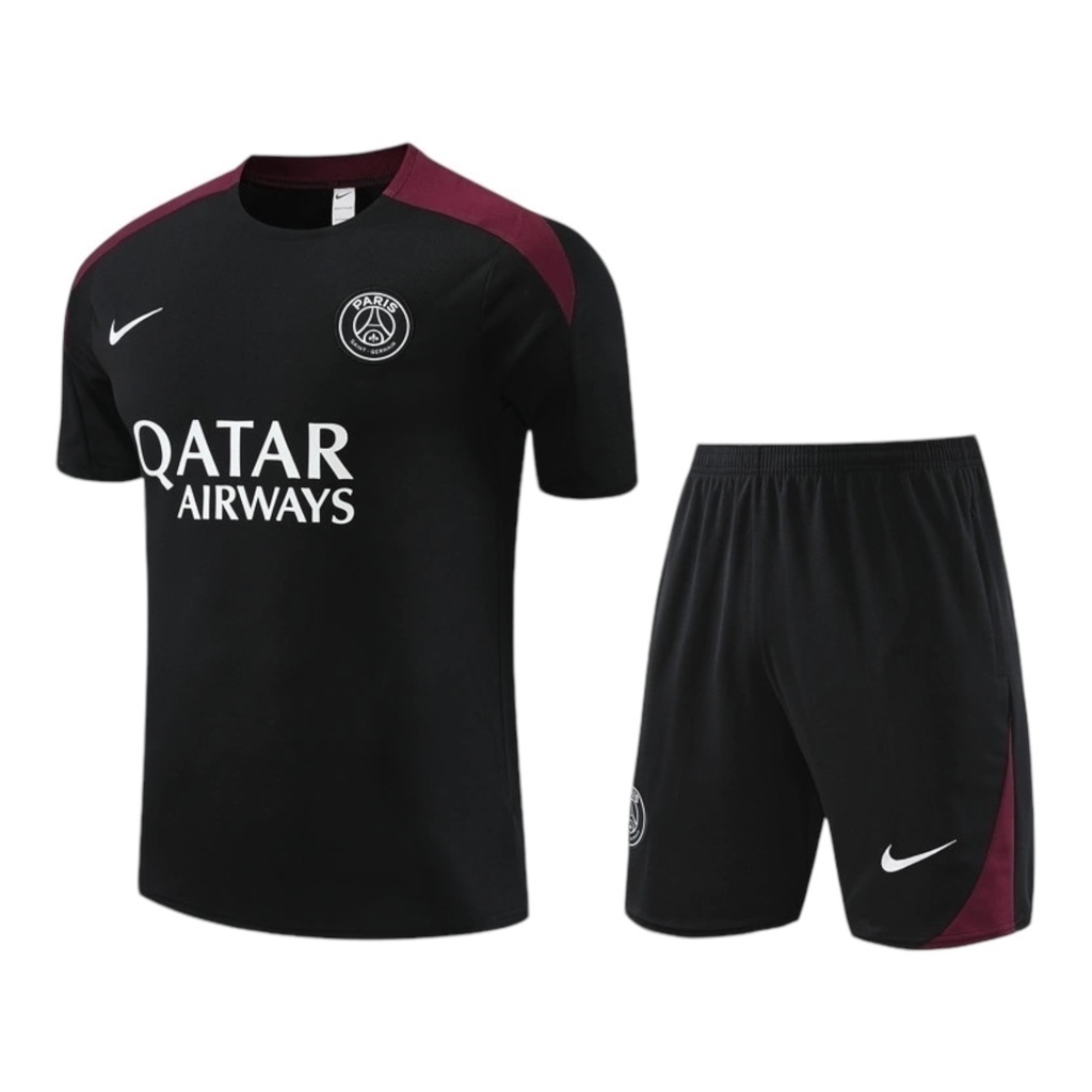 Kit Treino adulto - Camisa e Shorts - Paris Saint-Germain Nike 24/25 - Preto com detalhes em vinho