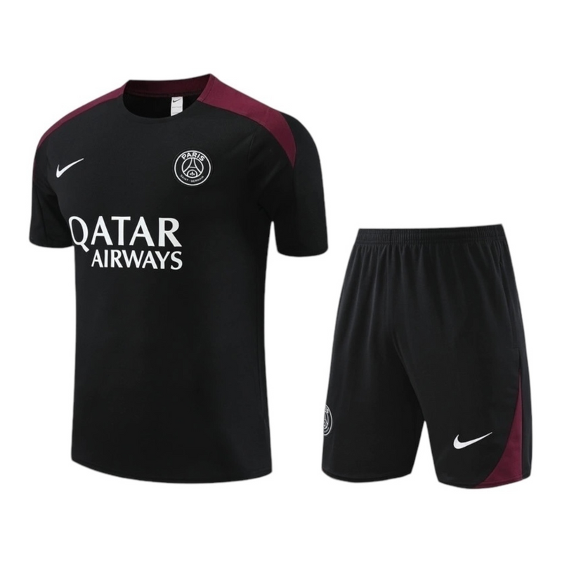 Kit Treino adulto - Camisa e Shorts - Paris Saint-Germain Nike 24/25 - Preto com detalhes em vinho