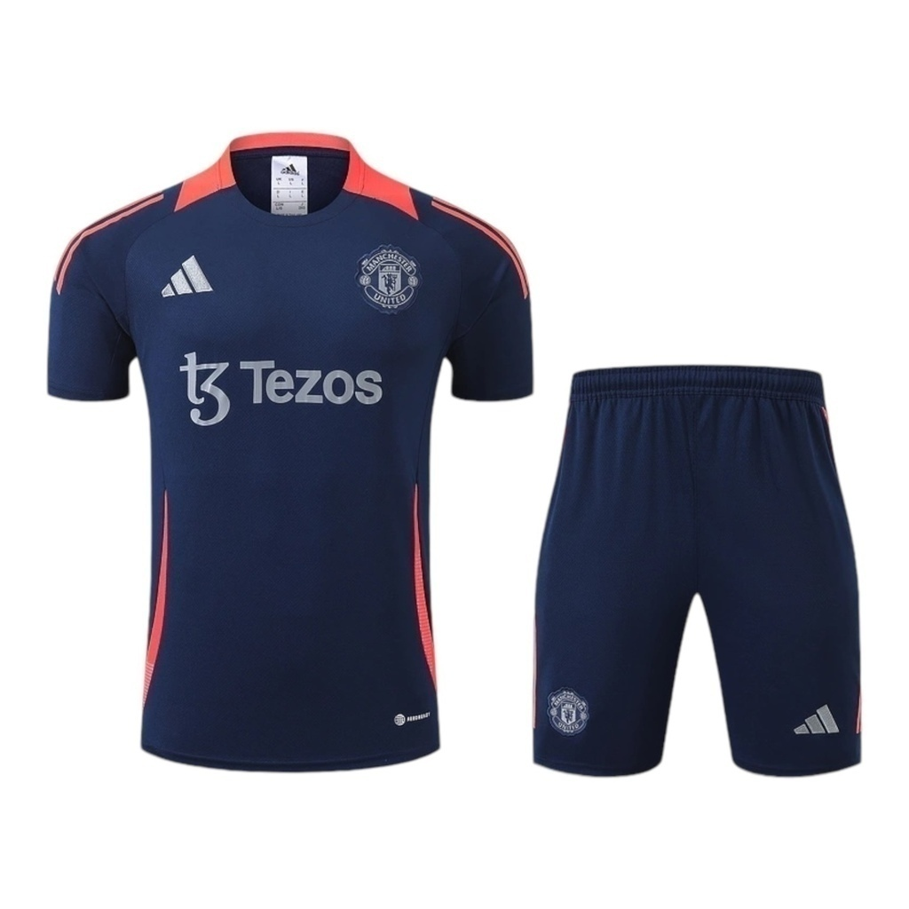 Kit Treino adulto - Camisa e Shorts - Manchester United Adidas 24/25 - Azul com detalhes em laranja