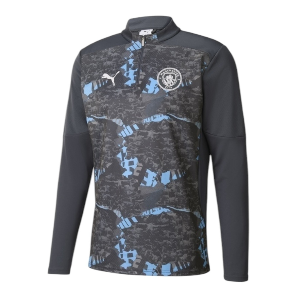 Camisa Manchester City Pré-jogo 25/26 manga longa - Torcedor Puma Masculina - Cinza com detalhes em azul
