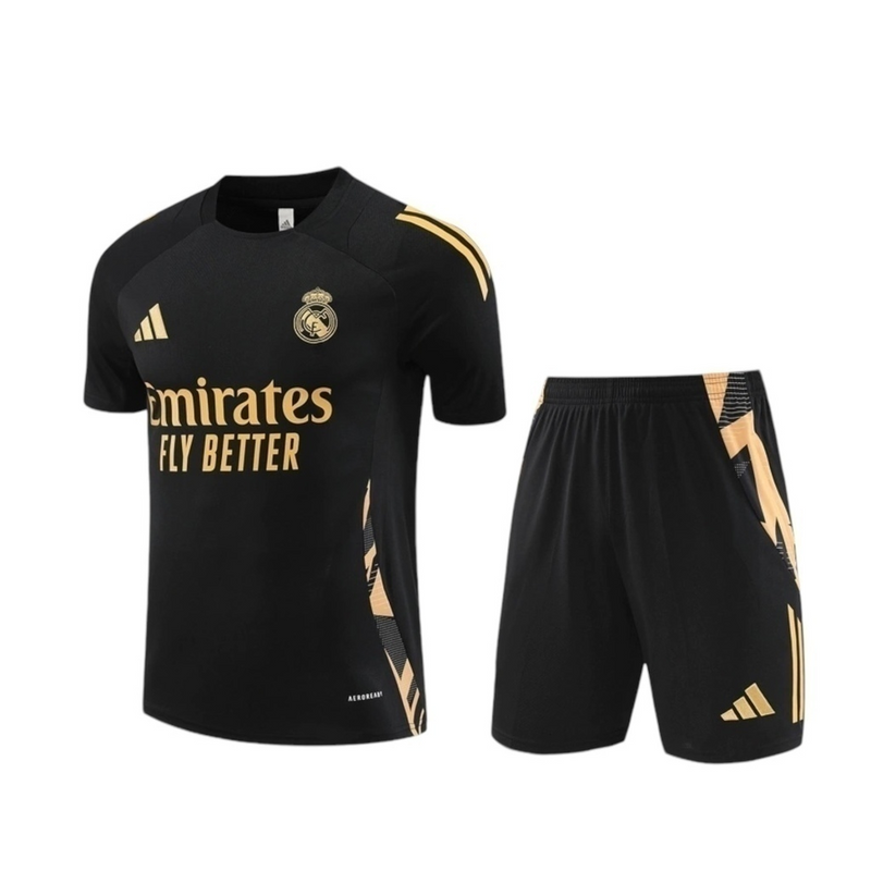 Kit Treino adulto - Camisa e Shorts - Real Madrid Adidas 24/25 - Preto com detalhes em dourado
