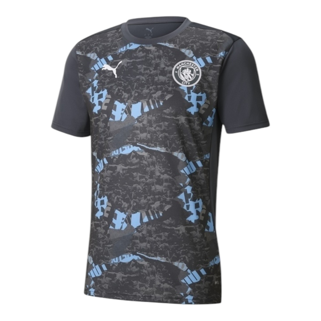 Camisa Manchester City Pré-jogo 25/26 - Torcedor Puma Masculina - Cinza com detalhes em azul