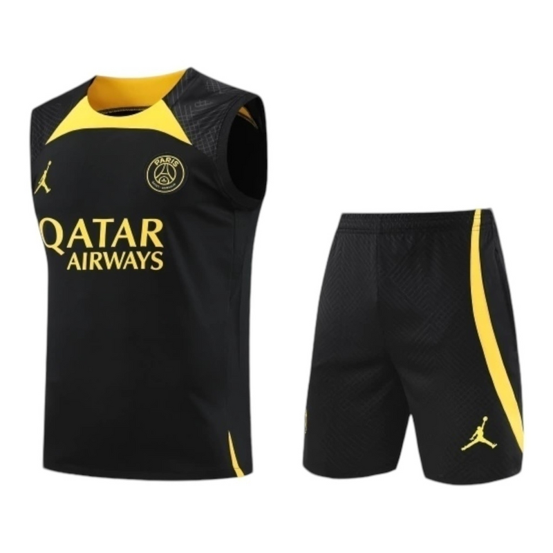 Kit Treino adulto - Camisa e Shorts - Paris Saint-Germain Jordan 23/24 - Preto com detalhes em amarelo
