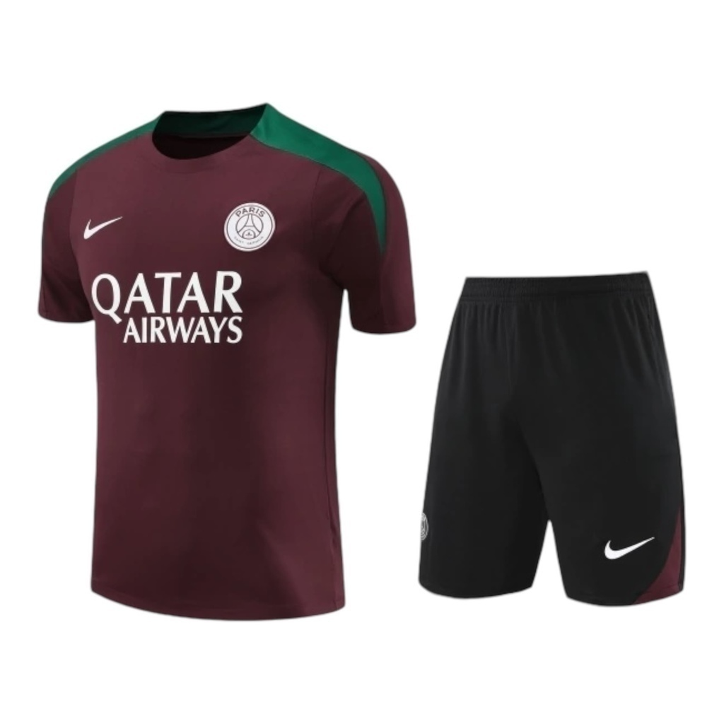 Kit Treino adulto - Camisa e Shorts - Paris Saint-Germain Nike 24/25 - Vinho e preto com detalhes em verde
