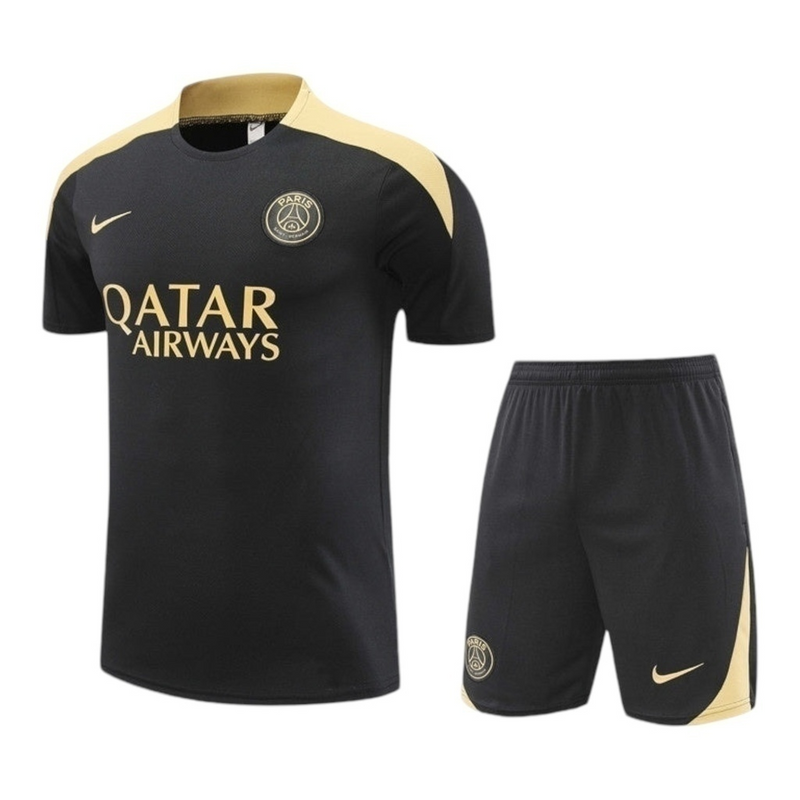Kit Treino adulto - Camisa e Shorts - Paris Saint-Germain Nike 24/25 - Preto com detalhes em dourado