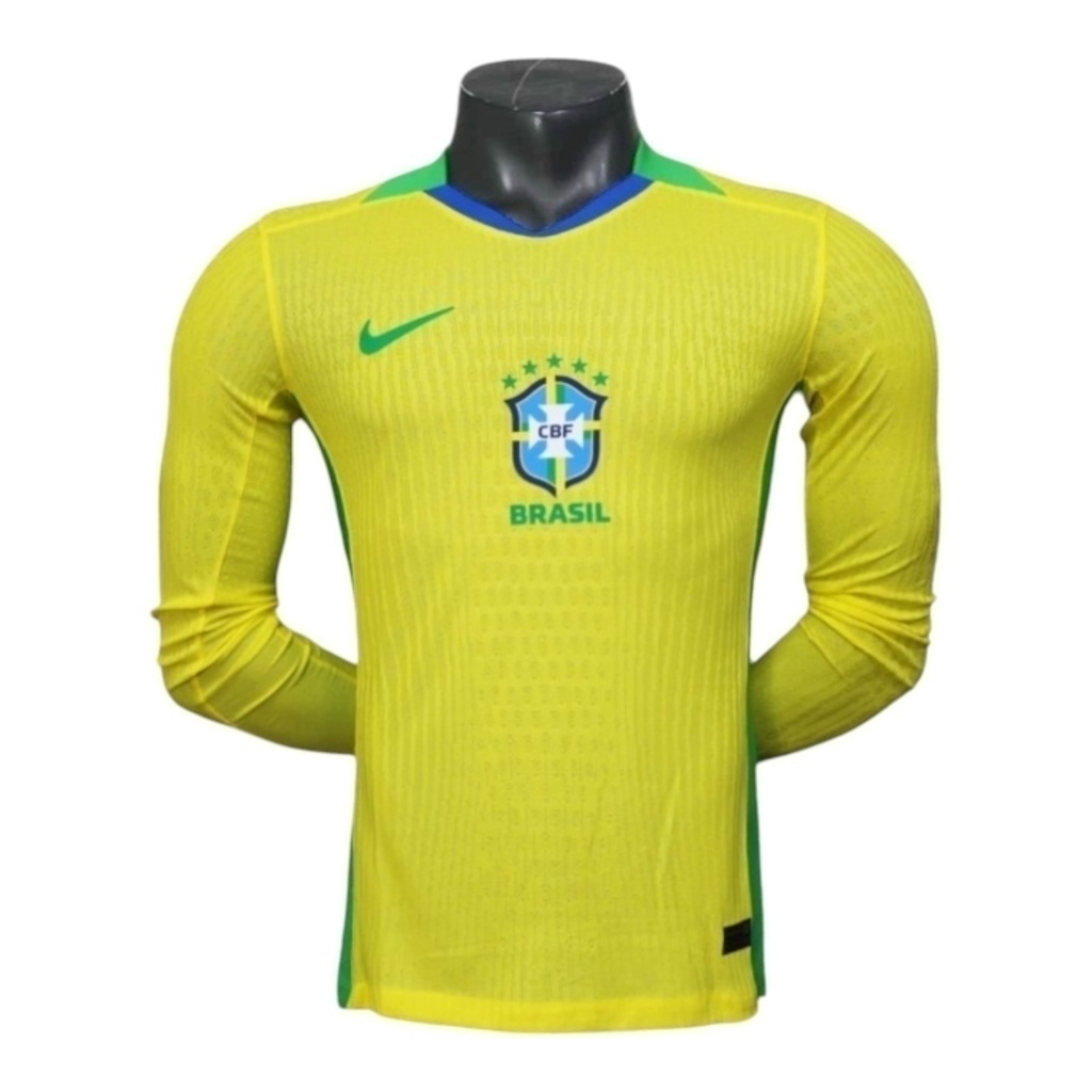 Camisa Seleção Brasileira I 25/26 manga longa - Jogador Nike Masculina - Amarela com detalhes em azul e verde