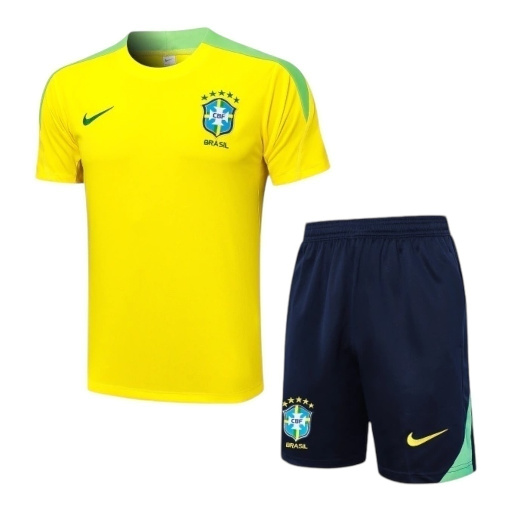 Kit Treino adulto - Camisa e Shorts - Seleção Brasileira Nike 24/25 - Amarelo e azul com detalhes em verde