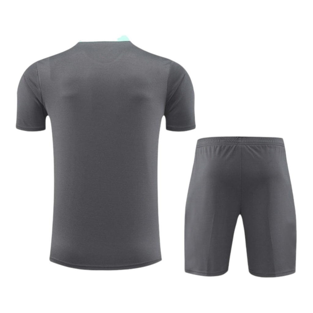 Kit Treino adulto - Camisa e Shorts - Paris Saint-Germain Nike 24/25 - Cinza com detalhes em verde