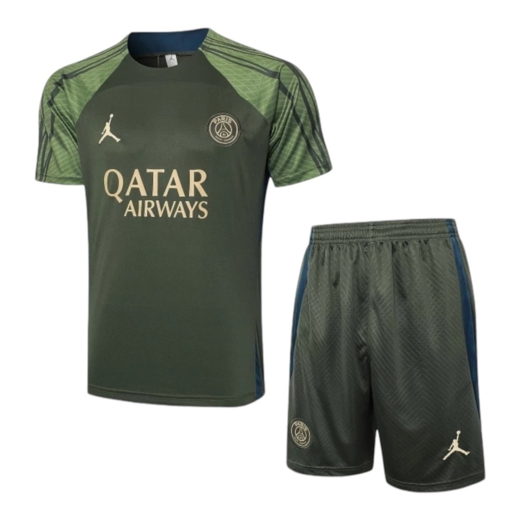 Kit Treino adulto - Camisa e Shorts - Paris Saint-Germain Jordan 24/25 - Verde com detalhes em azul