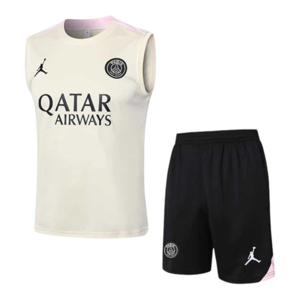 Kit Treino adulto - Camisa e Shorts - Paris Saint-Germain Jordan 24/25 - Bege e preto com detalhes em rosa