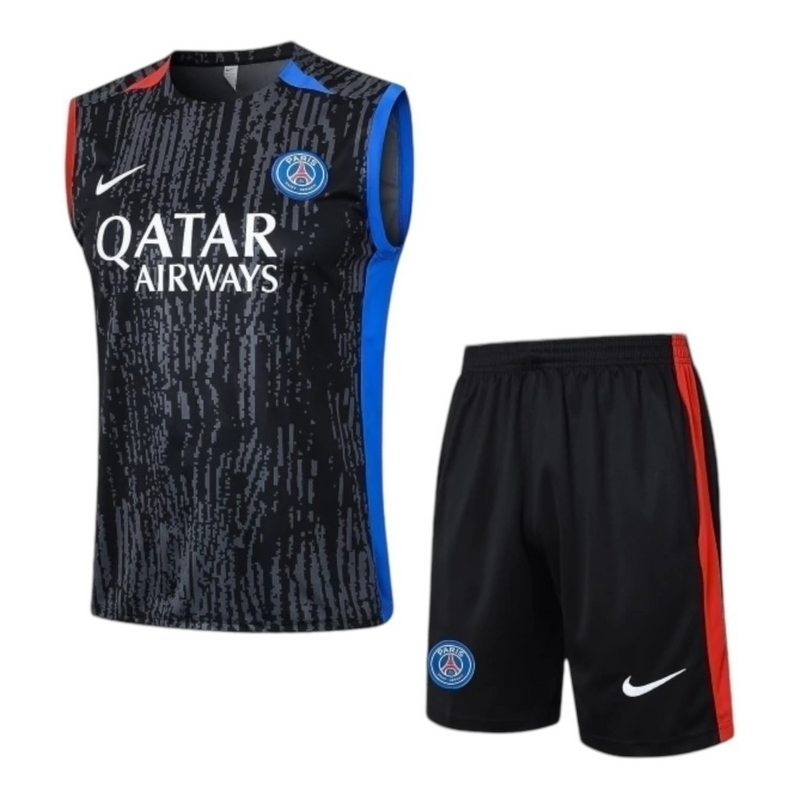 Kit Treino adulto - Camisa e Shorts - Paris Saint-Germain Nike 23/24 - Preto com detalhes em azul e vermelho