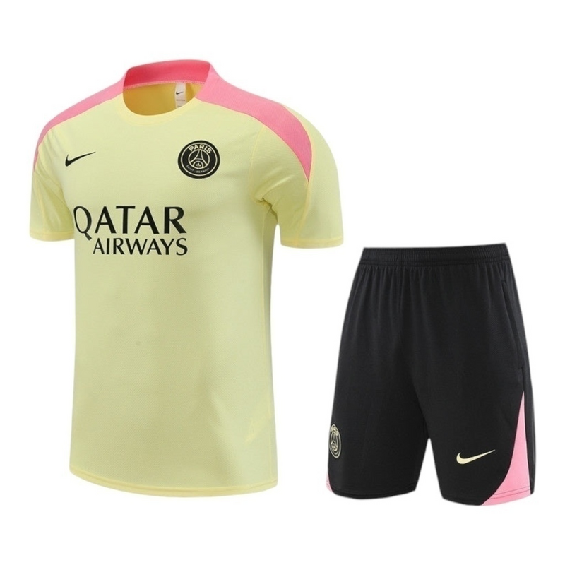 Kit Treino adulto - Camisa e Shorts - Paris Saint-Germain Nike 24/25 - Amarelo e preto com detalhes em rosa