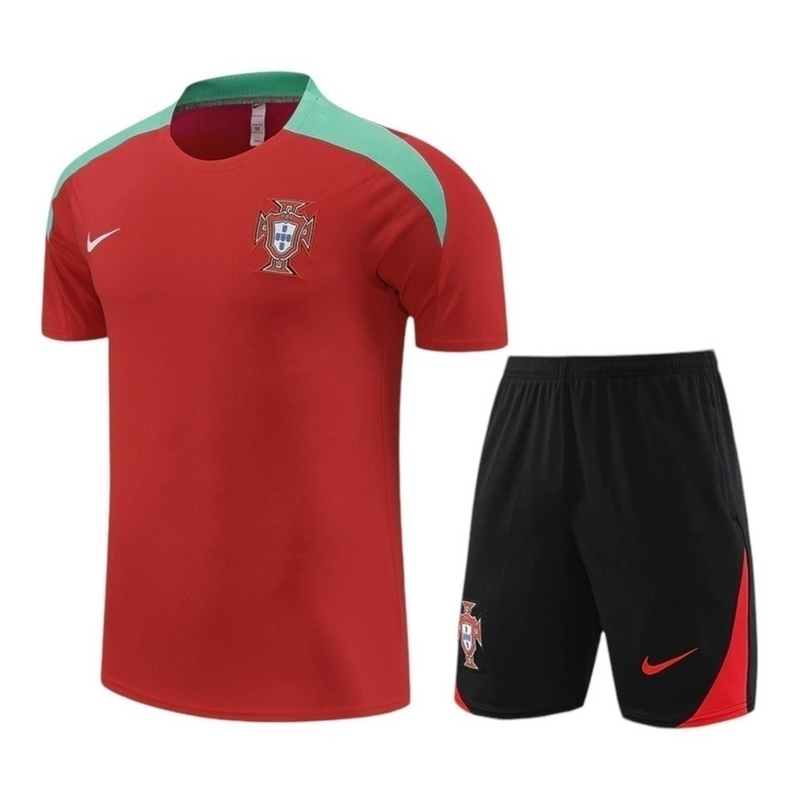 Kit Treino adulto - Camisa e Shorts - Seleção Portugal Nike 24/25 - Vermelho e preto com detalhes em verde