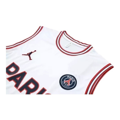 Kit Treino adulto - Camisa e Shorts - Paris Saint-Germain Jordan 23/24 - Branco e azul com detalhes em vermelho