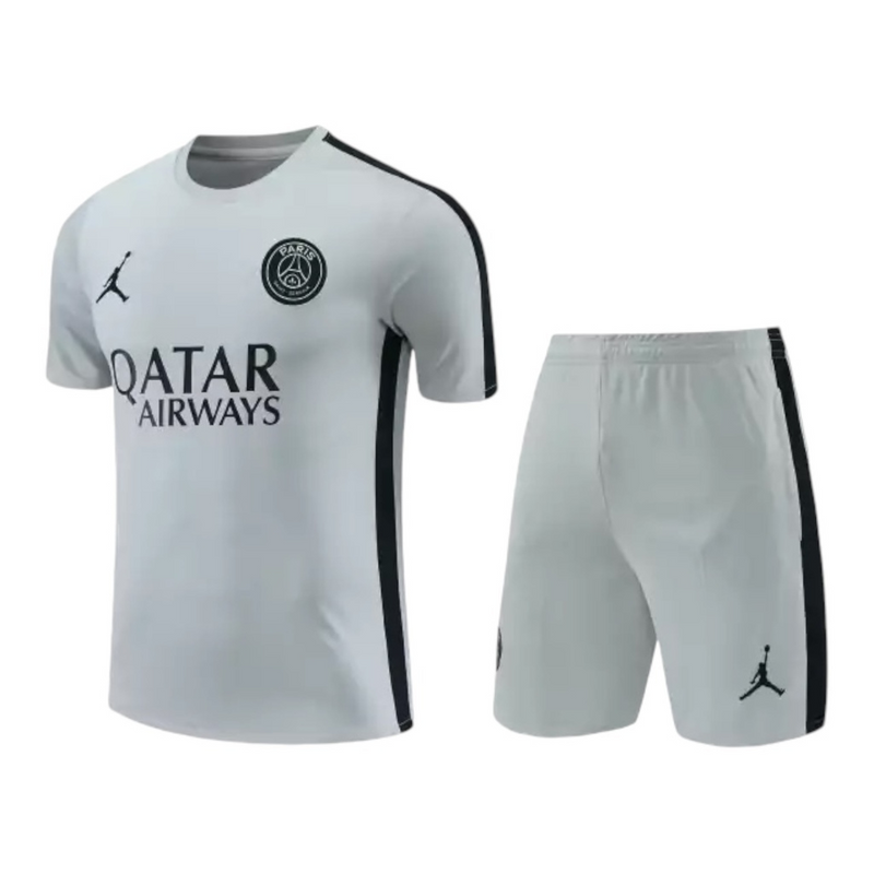 Kit Treino adulto - Camisa e Shorts - Paris Saint-Germain Jordan 23/24 - Cinza com detalhes em preto