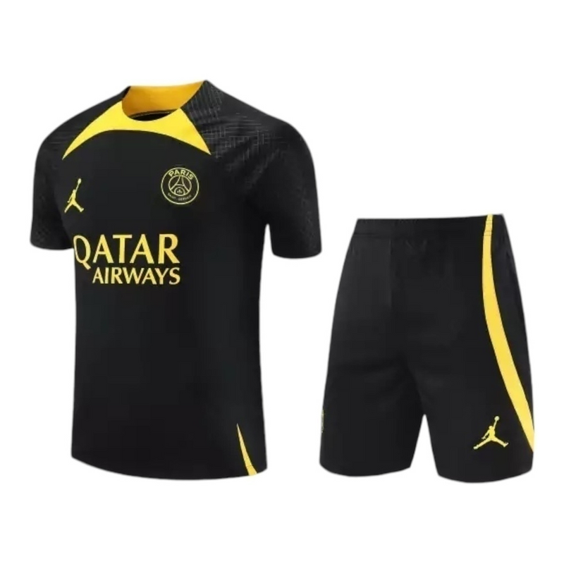 Kit Treino adulto - Camisa e Shorts - Paris Saint-Germain Jordan 23/24 - Preto com detalhes em amarelo
