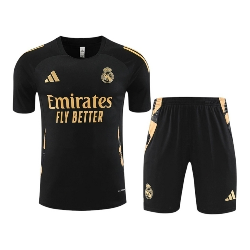 Kit Treino adulto - Camisa e Shorts - Real Madrid Adidas 24/25 - Preto com detalhes em dourado