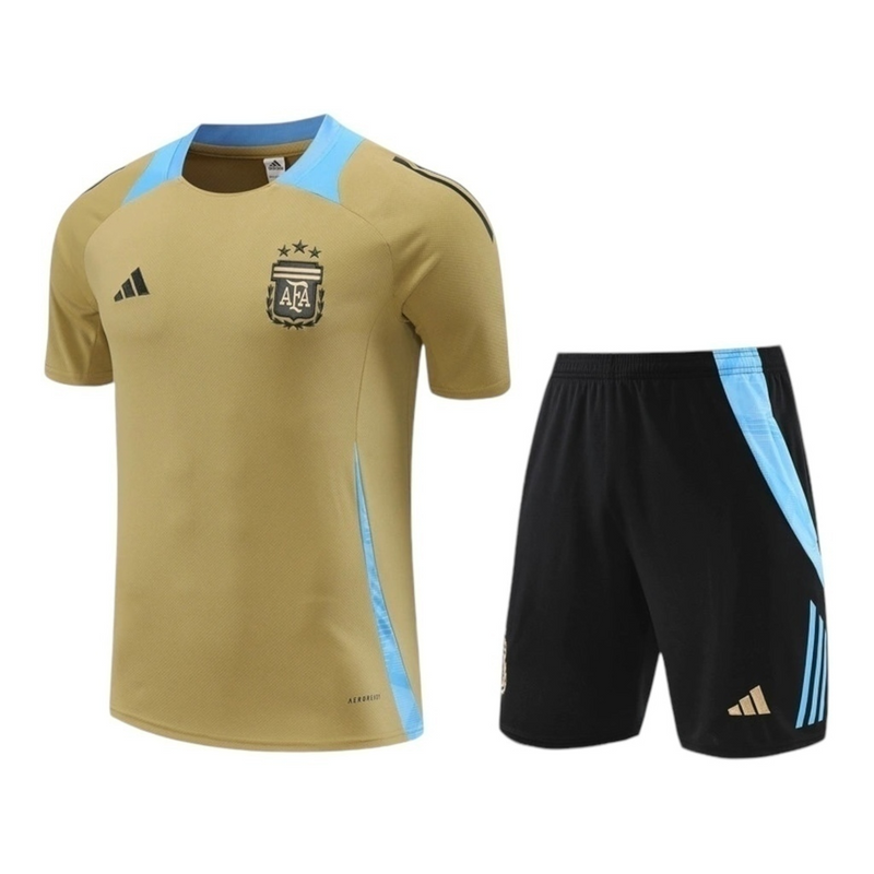 Kit Treino adulto - Camisa e Shorts - Seleção Argentina Adidas 24/25 - Bege e preto com detalhes em azul