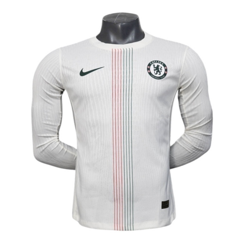 Camisa Chelsea II 25/26 manga longa - Jogador Nike Masculina - Branca com detalhes em azul e vermelho