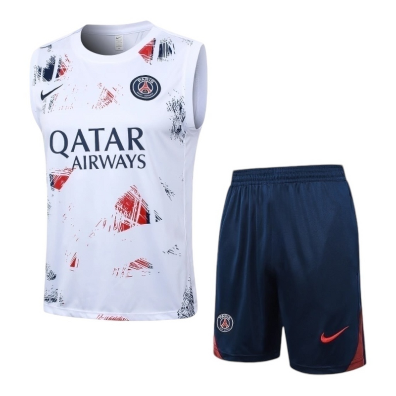 Kit Treino adulto - Camisa e Shorts - Paris Saint-Germain Nike 24/25 - Branco e azul com detalhes em vermelho