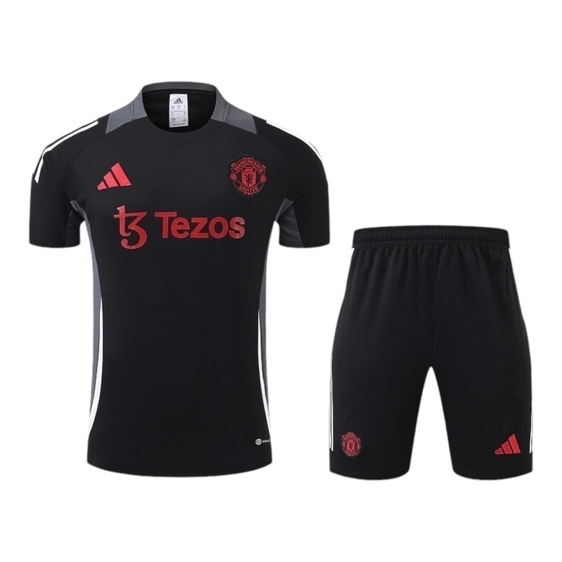 Kit Treino adulto - Camisa e Shorts - Manchester United Adidas 24/25 - Preto com detalhes em cinza e branco