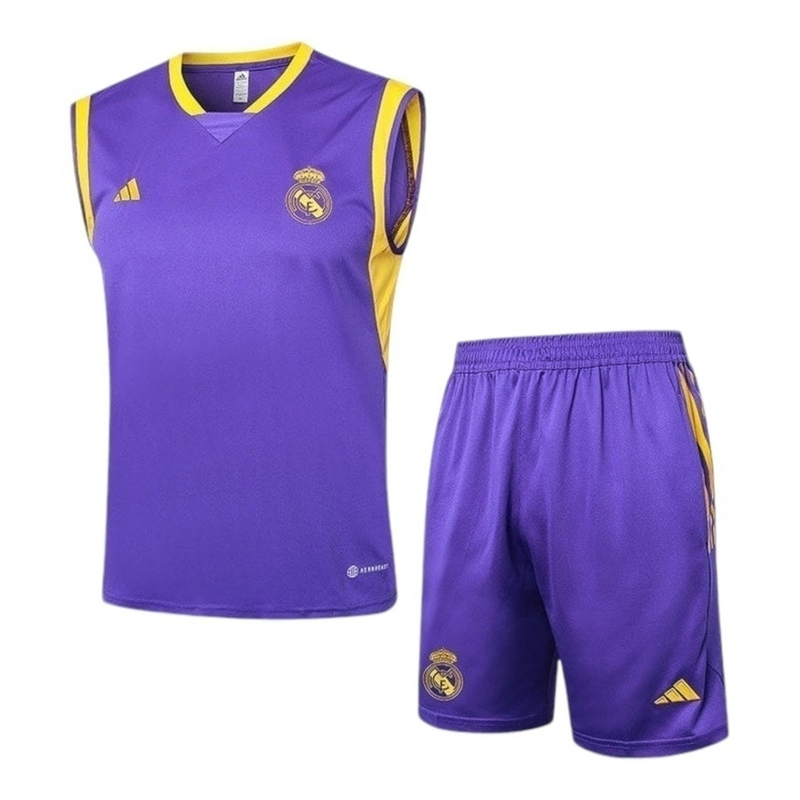 Kit Treino adulto - Camisa e Shorts - Real Madrid Adidas 24/25 - Roxo com detalhes em amarelo