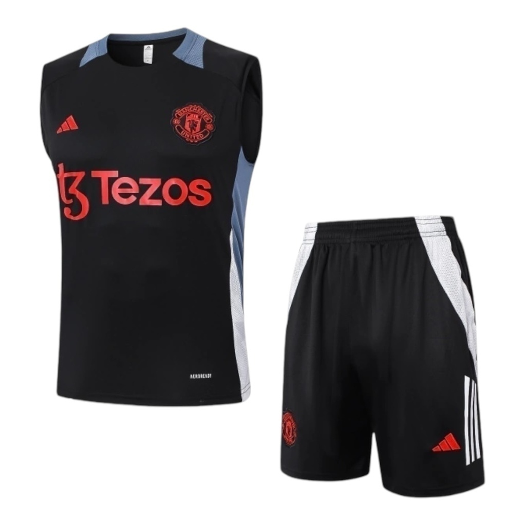 Kit Treino adulto - Camisa e Shorts - Manchester United Adidas 24/25 - Preto com detalhes em cinza e branco