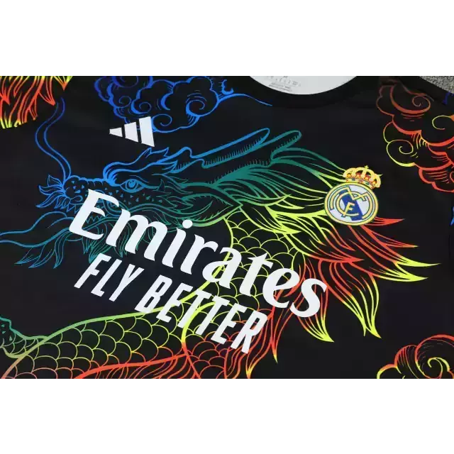 Kit Treino adulto - Camisa e Shorts - Real Madrid Adidas 24/25 - Preto com desenho de Dragão colorido