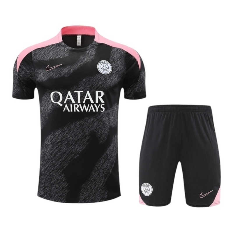 Kit Treino adulto - Camisa e Shorts - Paris Saint-Germain Nike 24/25 - Preto com detalhes em rosa e branco