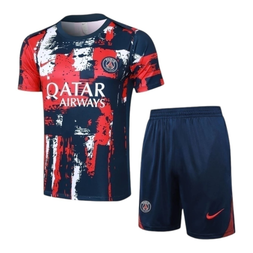 Kit Treino adulto - Camisa e Shorts - Paris Saint-Germain Nike 24/25 - Azul com detalhes em vermelho e branco