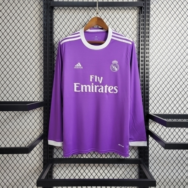Camisa Real Madrid 2016/17 roxa retrô, manga longa, com ou sem patch