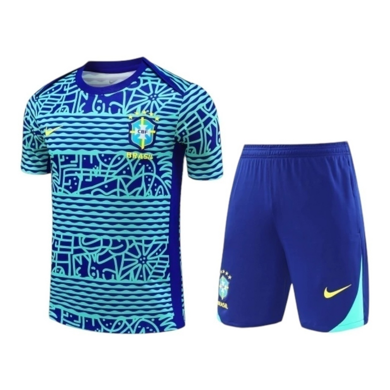 Kit Treino adulto - Camisa e Shorts - Seleção Brasileira Nike 24/25 - Azul com detalhes em verde