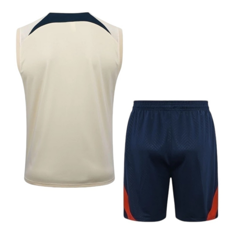 Kit Treino adulto - Camisa e Shorts - Paris Saint-Germain Nike 23/24 - Bege e azul
