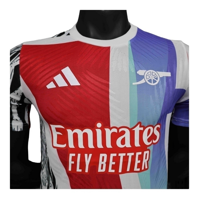 Camisa Arsenal Pré-jogo 24/25 - Jogador Adidas Masculina - Branca com detalhes em preto e azul e vermelho