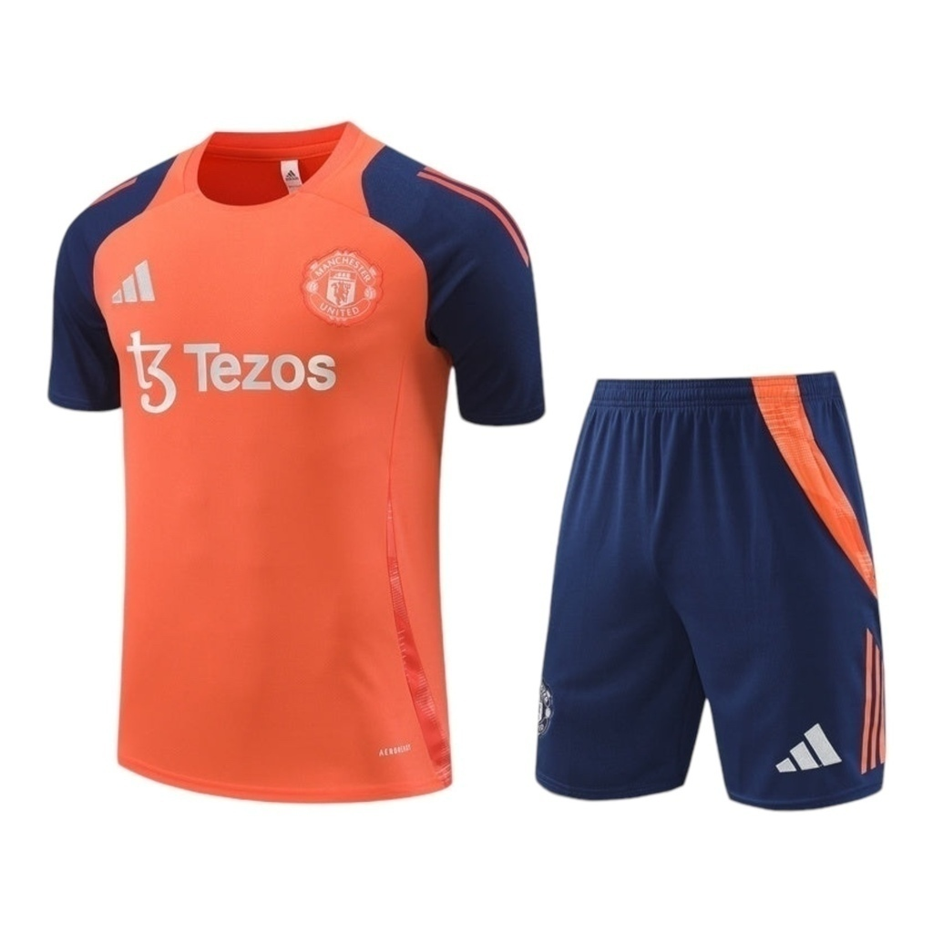 Kit Treino adulto - Camisa e Shorts - Manchester United Adidas 24/25 - Azul e laranja