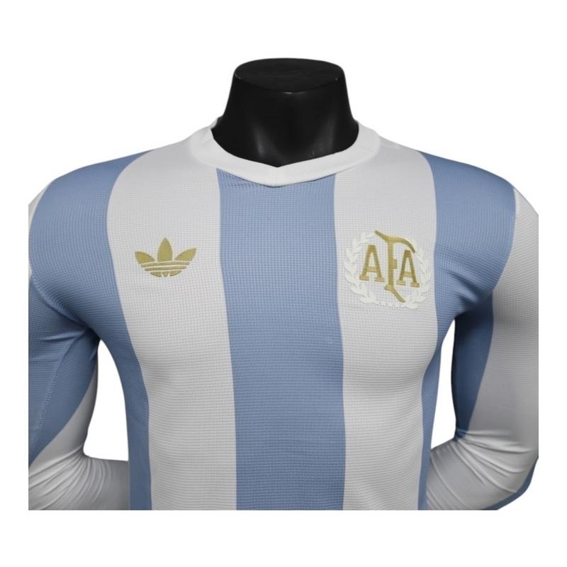 Camisa Seleção Argentina Edição Comemorativa 25/26 manga longa - Jogador Adidas Masculina - Branca com listras em azul