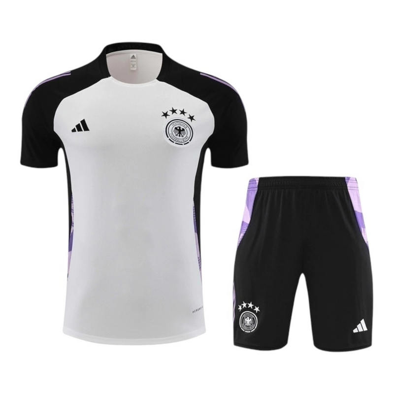 Kit Treino adulto - Camisa e Shorts - Seleção Alemanha Adidas 24/25 - Branco e preto com detalhes em roxo