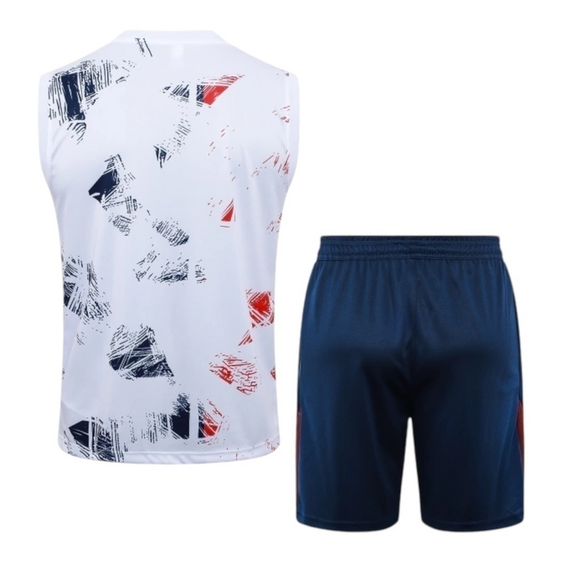 Kit Treino adulto - Camisa e Shorts - Paris Saint-Germain Nike 24/25 - Branco e azul com detalhes em vermelho