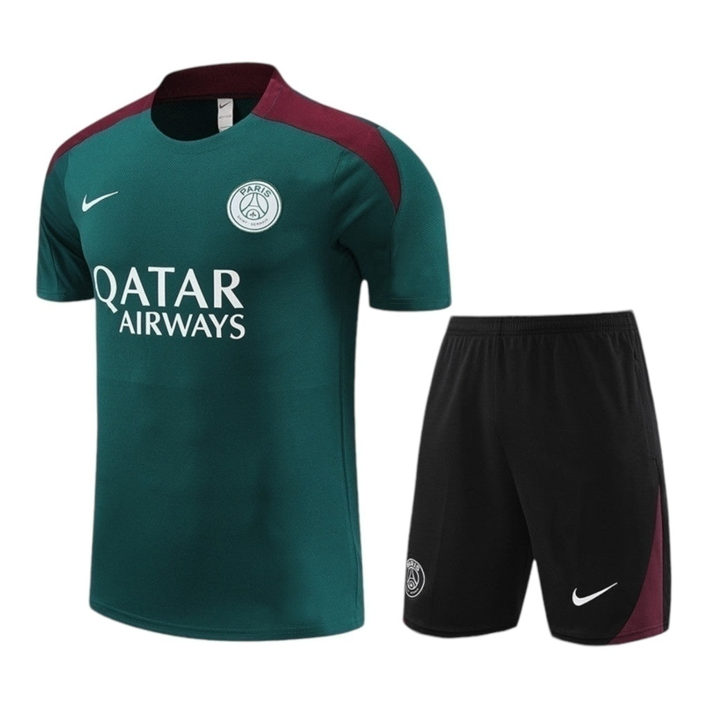 Kit Treino adulto - Camisa e Shorts - Paris Saint-Germain Nike 24/25 - Verde e preto com detalhes em vinho