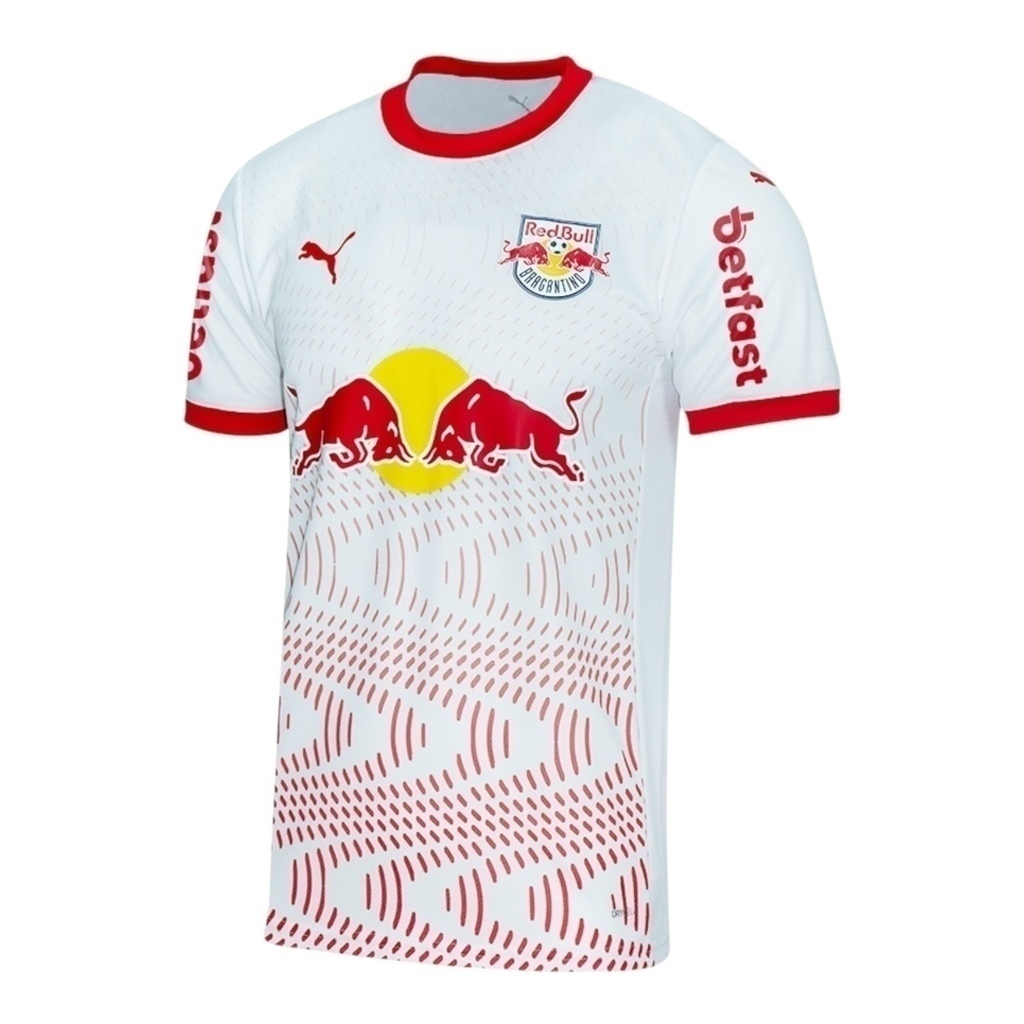 Camisa Red Bull Bragantino I 25/26 - Torcedor Puma Masculina - Branca com detalhes em vermelho e Com Patrocínio
