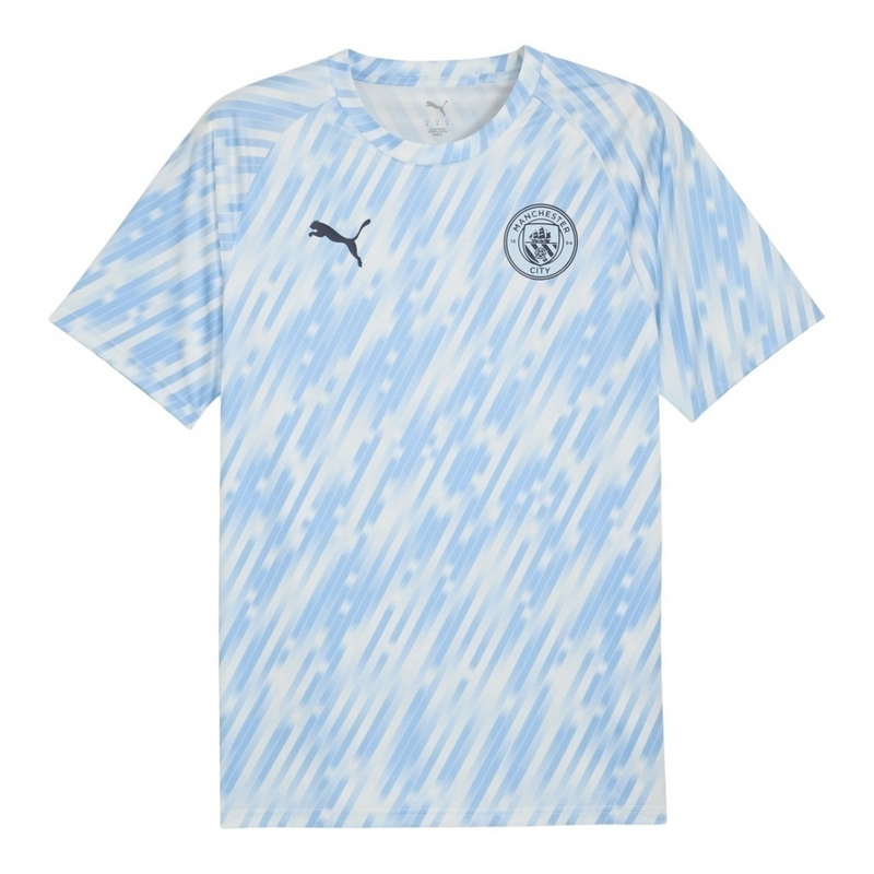 Camisa Manchester City Pré-jogo 25/26 - Torcedor Puma Masculina - Branca com detalhes em azul