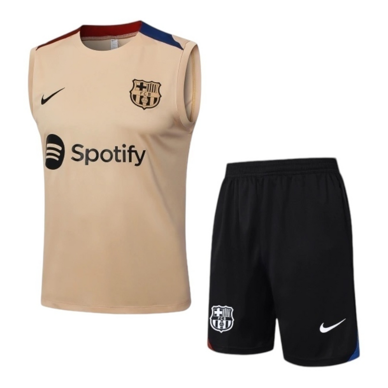 Kit Treino adulto - Camisa e Shorts - Barcelona Nike 24/25 - Bege e preto com detalhes em azul e vermelho