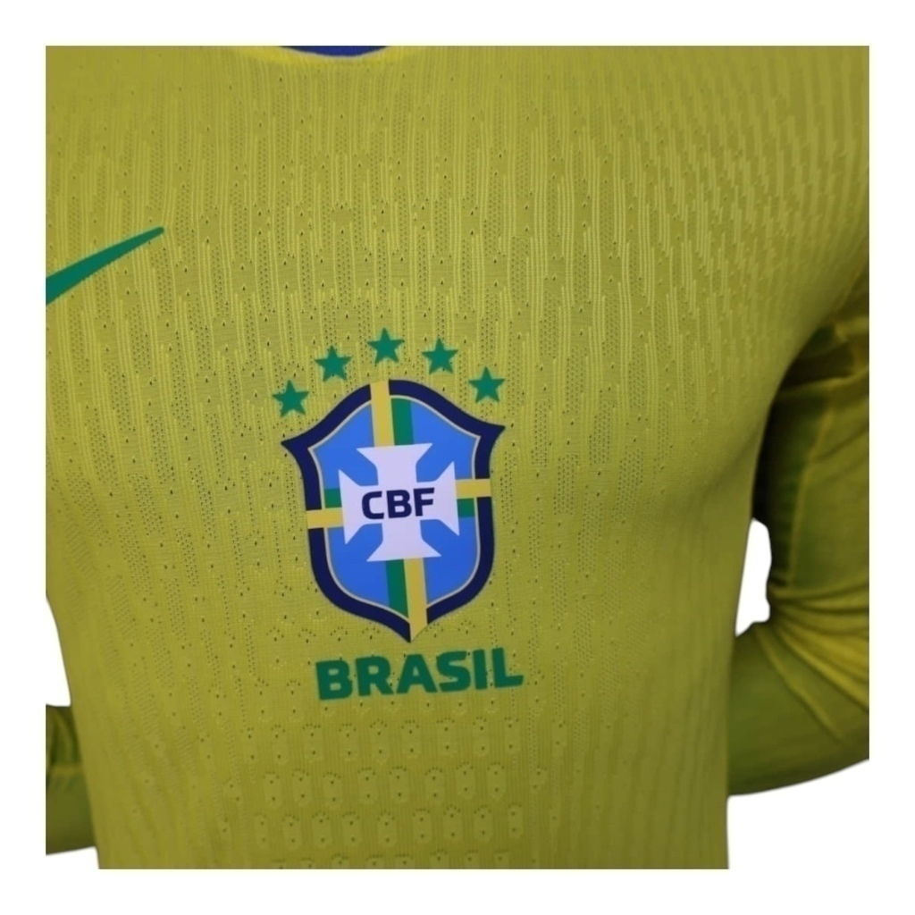 Camisa Seleção Brasileira I 25/26 manga longa - Jogador Nike Masculina - Amarela com detalhes em azul e verde