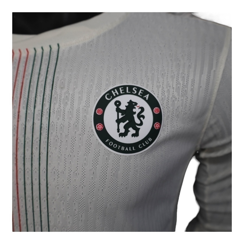 Camisa Chelsea II 25/26 manga longa - Jogador Nike Masculina - Branca com detalhes em azul e vermelho