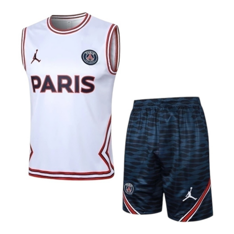 Kit Treino adulto - Camisa e Shorts - Paris Saint-Germain Jordan 23/24 - Branco e azul com detalhes em vermelho