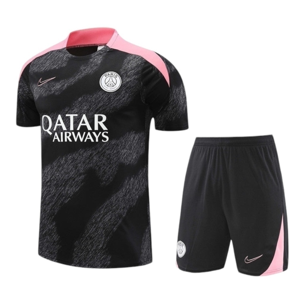 Kit Treino adulto - Camisa e Shorts - Paris Saint-Germain Nike 24/25 - Preto com detalhes em rosa e branco