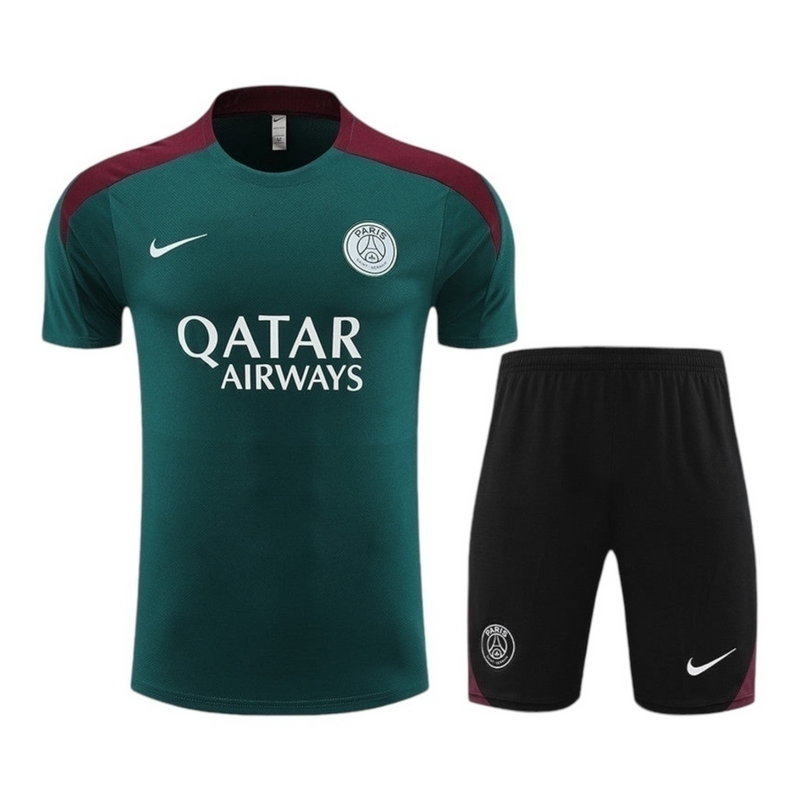 Kit Treino adulto - Camisa e Shorts - Paris Saint-Germain Nike 24/25 - Verde e preto com detalhes em vinho